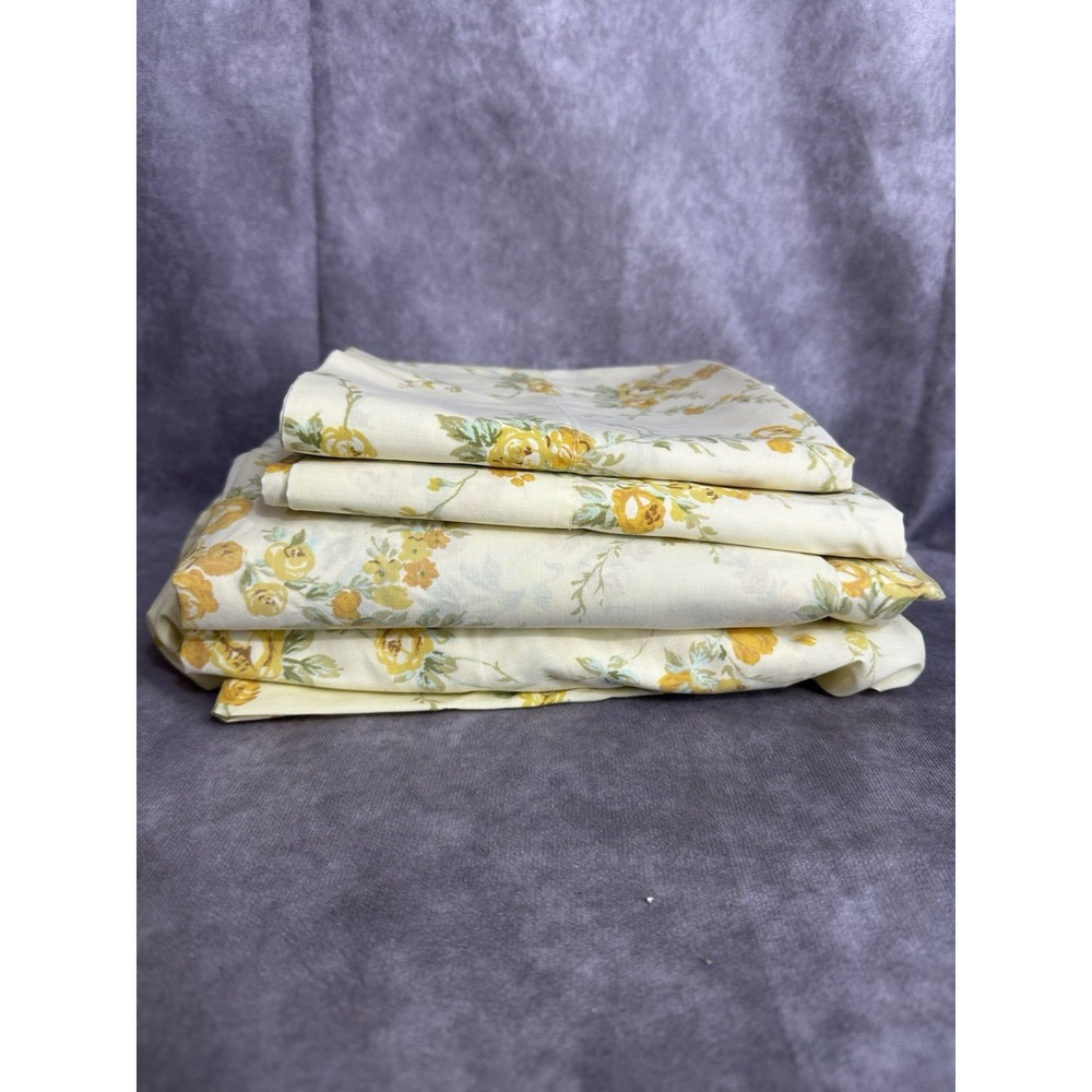 Vintage Twin Size Yellow Floral Sheet Set Flat Fitted 2 Pillowcases  Sears